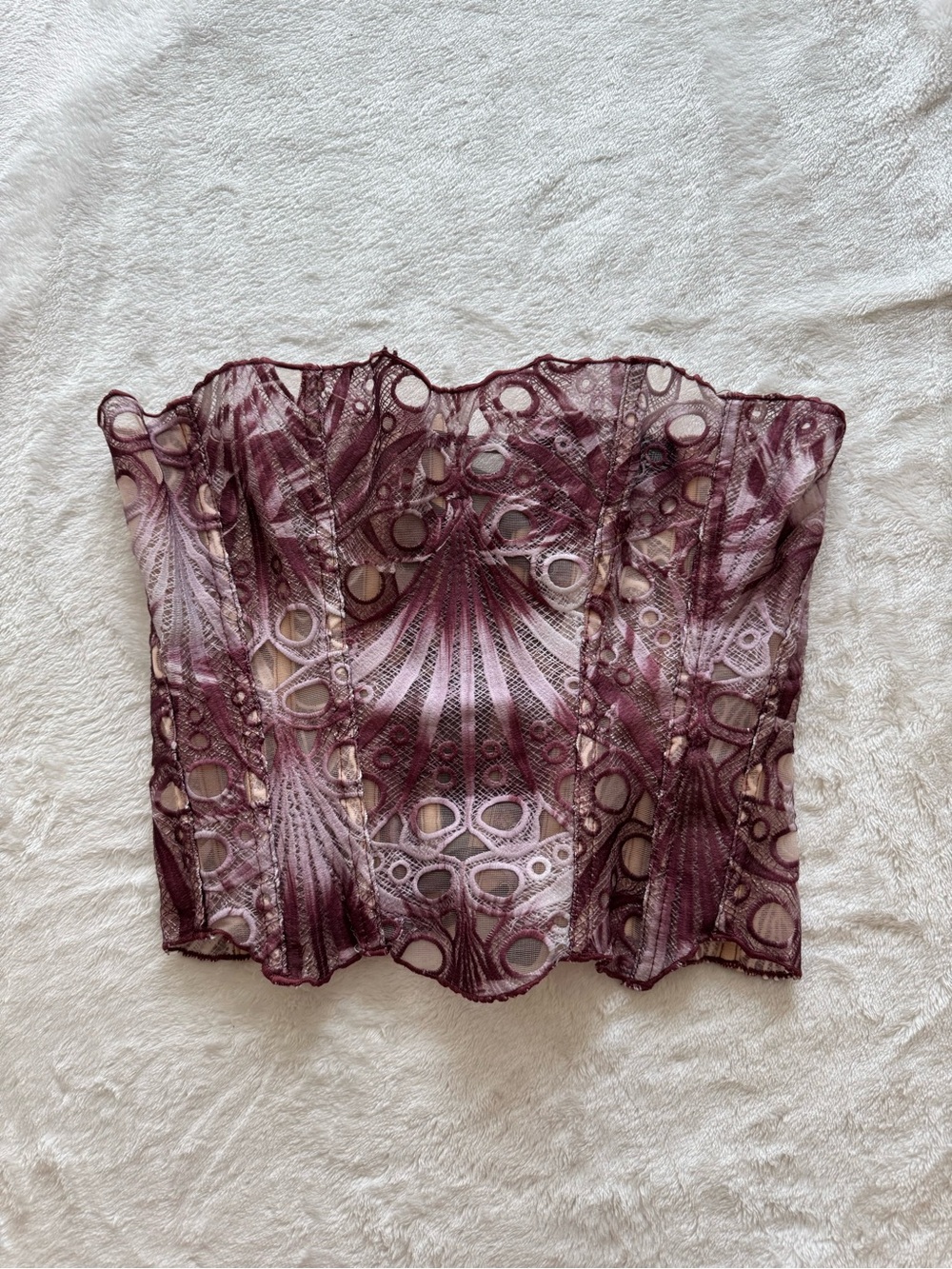 PrettyLittleThing BURGUNDY BROWN TEXTURED SHEER FLORAL LACE CORSET